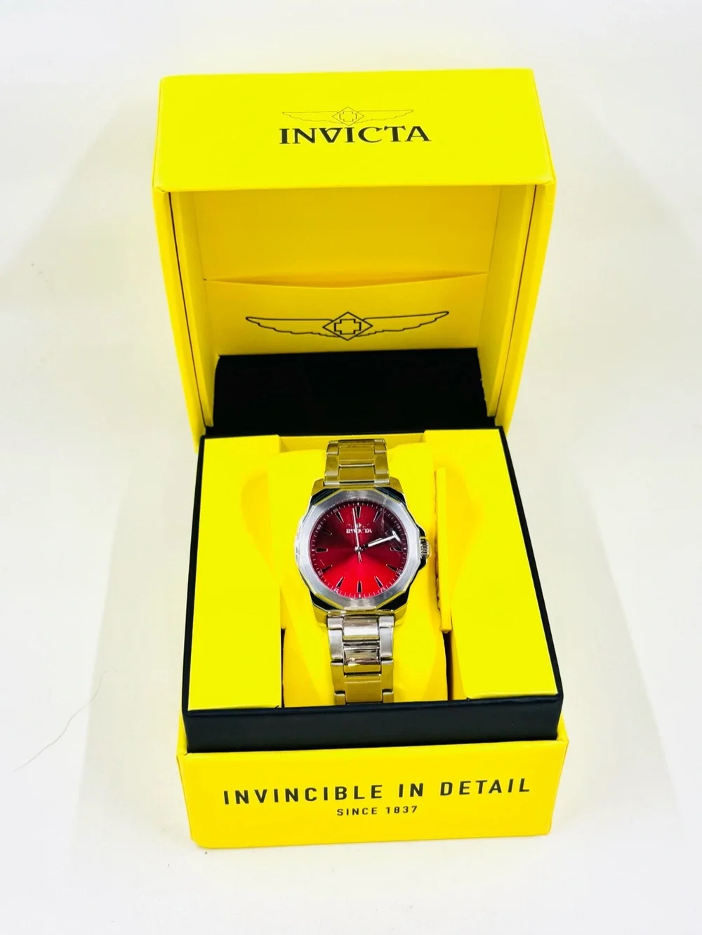Invicta Women’s Silver Tone Speedway Facetio Watch W/Red Face 34mm NWT & Box